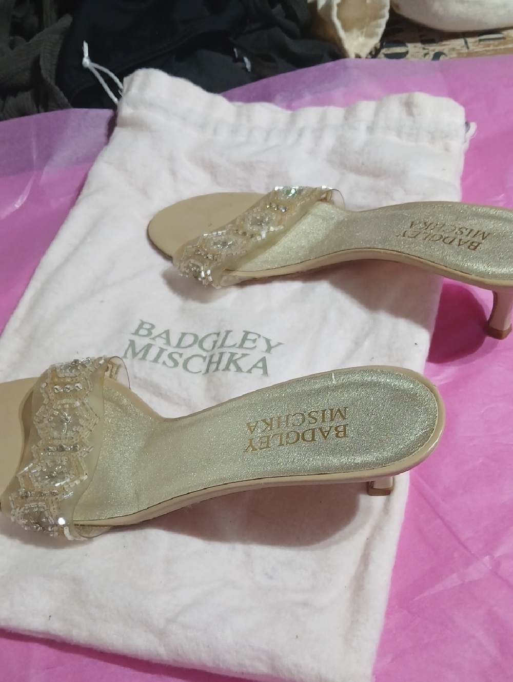 Badgley Mischka Gold Beaded Slide Mules Like New in The Bag